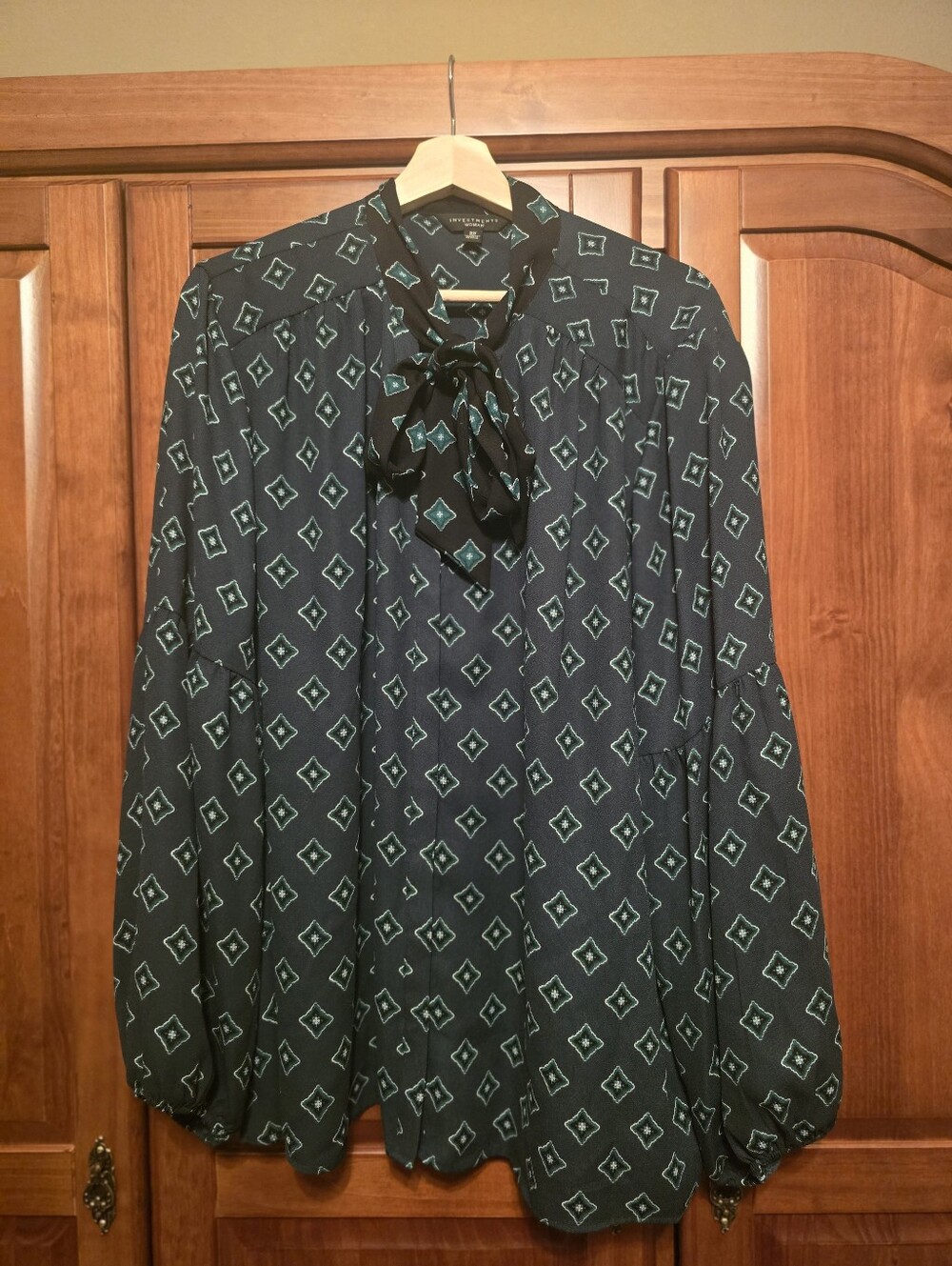 Investments Black Blouse with Gree  Geometric Print and Tie-Neck